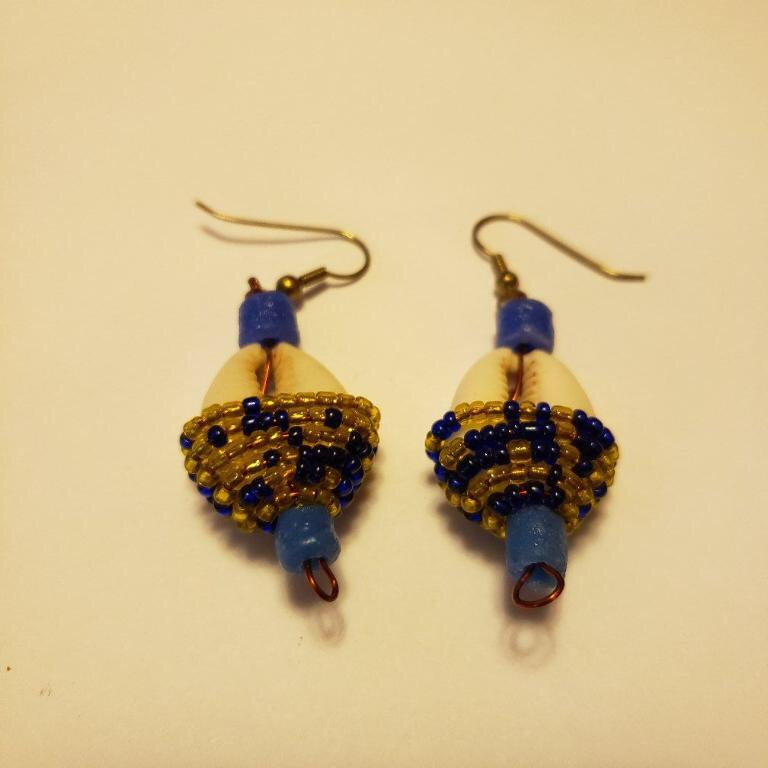 Blue And Gold Beaded Cowrie Shell Earrings